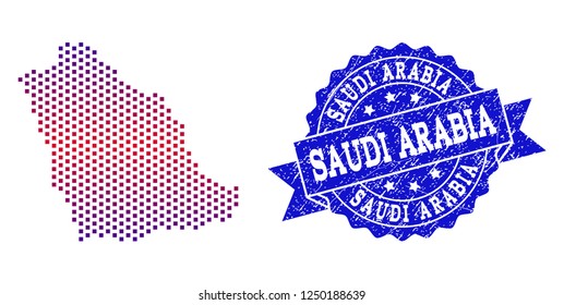 Geographic composition of dotted map of Saudi Arabia and grunge seal stamp. Mosaic vector map of Saudi Arabia composed with square dots and gradient from blue to red color.