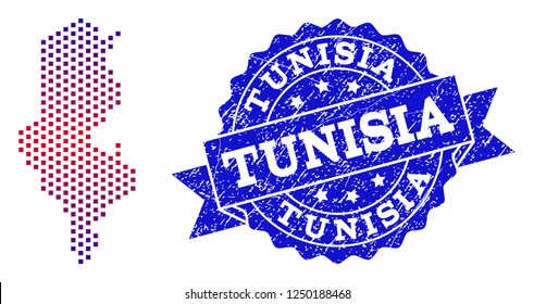 Geographic composition of dotted map of Tunisia and grunge seal. Mosaic vector map of Tunisia composed with square dots and gradient from blue to red color. Flat design for political posters.