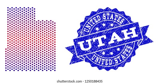 Geographic composition of dotted map of Utah State and grunge seal. Mosaic vector map of Utah State designed with square dots and gradient from blue to red color.
