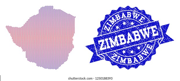 Geographic composition of dotted map of Zimbabwe and grunge stamp. Mosaic vector map of Zimbabwe composed with square dots and gradient from blue to red color. Flat design for political illustrations.