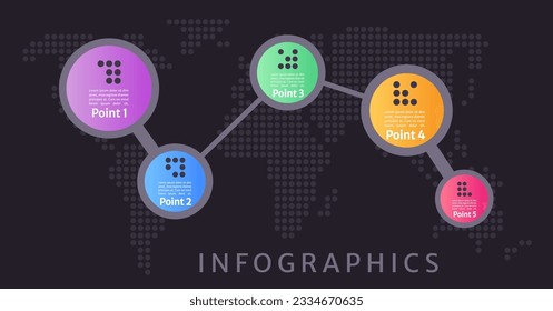 Geographic dark theme world map infographic chart design template. Editable abstract infochart. Instructional graphics with 5 point sequence. Visual data presentation. Merriweather Sans font used