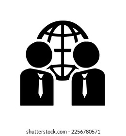 Geographic Earth globe with 2 business men, grid, abstract, world map, symbol, graphic, vector, illustration in black and white color, isolated on white background
