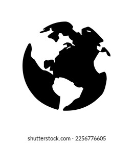 Geographic Earth globe with map of world and continents, world map, symbol, graphic, vector, illustration in black and white color, isolated on white background