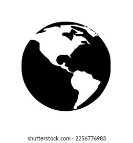 Geographic Earth globe with map of world and continents, world map, symbol, graphic, vector, illustration in black and white color, isolated on white background