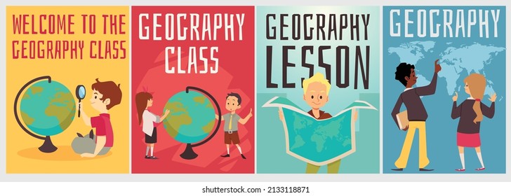 Geographic Education For Kids Banners With Children Studying World, Flat Vector Illustration. Geography Lessons And Classes At School And Extracurricular Activity.