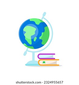 Geographic globe with books vector design element. Abstract customizable symbol for infographic with blank copy space. Editable shape for instructional graphics. Visual data presentation component