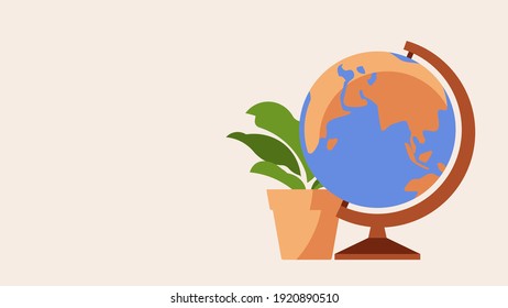 Geographic globe - composition of a globe, a potted flower and an empty space for text. Equipment for education, classroom. Modern vector