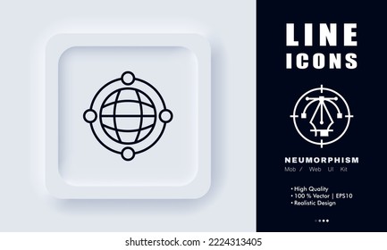 Geographic globe line icon. Map pointers, navigation equipment, satellite, cartography, gps, location, geolocation, communications. Geography concept. Neomorphism style. Vector line icon for Business.