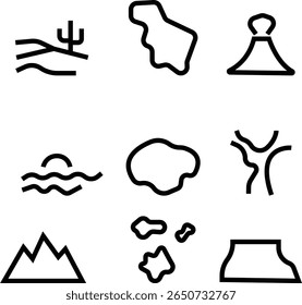 conjunto de ícones geográficos, ícones de natureza lineares minimalistas com montanhas, ondas, rotas e ferramentas geográficas para orientação de viagem contínua, Negócios, Comunicação Global. Para design de página móvel e da Web