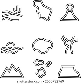 conjunto de ícones geográficos, ícones de natureza lineares minimalistas com montanhas, ondas, rotas e ferramentas geográficas para orientação de viagem contínua, Negócios, Comunicação Global. Para design de página móvel e da Web
