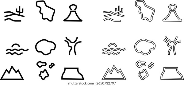 conjunto de ícones geográficos, ícones de natureza lineares minimalistas com montanhas, ondas, rotas e ferramentas geográficas para orientação de viagem contínua, Negócios, Comunicação Global. Para design de página móvel e da Web