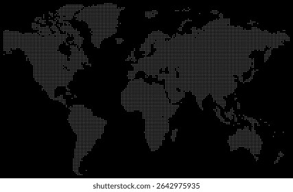Infográfico geográfico com um mapa de mundo pontilhado detalhado sobre fundo de cor preta