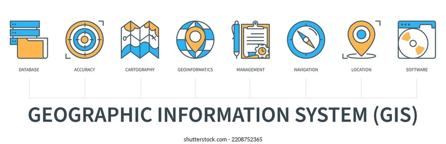 Geographic information system (GIS) concept with icons. Database, accuracy, cartography, geoinformatics, management, navigation, location, software. Web vector infographic in minimal flat line style