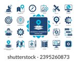 Geographic Information System GIS icon set. Database, Accuracy, Satellite, Geotargeting, Management, Navigation, Location, Software. Duotone color solid icons