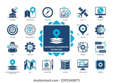 Geographic Information System GIS icon set. Database, Accuracy, Satellite, Geotargeting, Management, Navigation, Location, Software. Duotone color solid icons