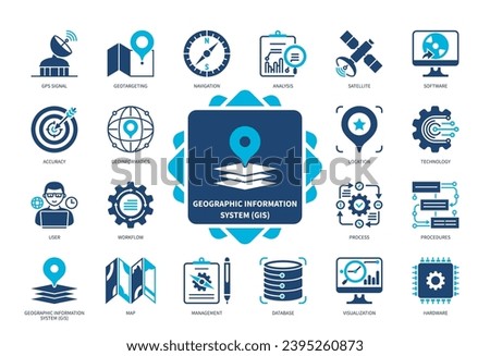 Geographic Information System GIS icon set. Database, Accuracy, Satellite, Geotargeting, Management, Navigation, Location, Software. Duotone color solid icons