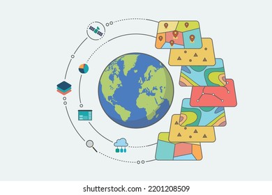 Geographic Information System. GIS Spatial Data Layers Concept For Business Analysis. Vector Illustration.