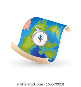 geographic map and compass, vector, cartoon
