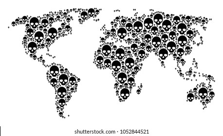 Geographic map concept made of skull pictograms. Vector skull elements are organized into geometric continent composition.