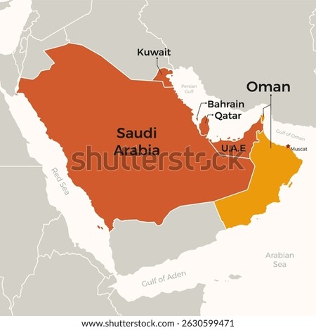 Geographic Map of Gulf Cooperation Council Countries GCC, Highlighted at Oman