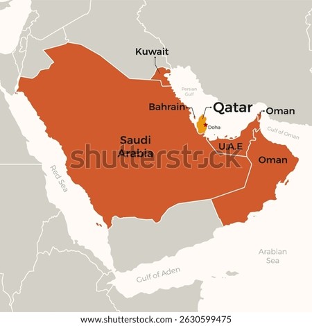 Geographic Map of Gulf Cooperation Council Countries GCC, Highlighted at Qatar