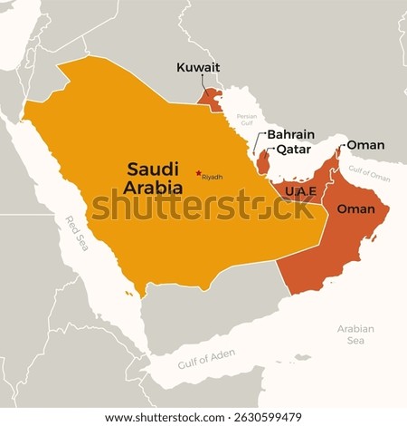 Geographic Map of Gulf Cooperation Council Countries GCC, Highlighted at Saudi Arabia 