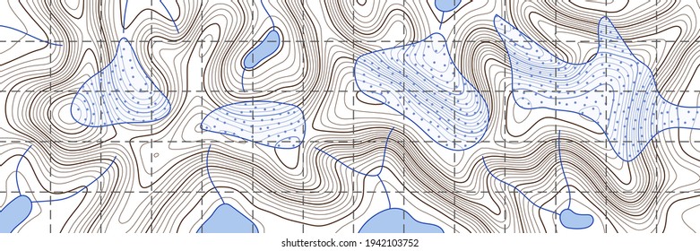 Geographic map of highlands, glaciers and lakes. Vector banner.