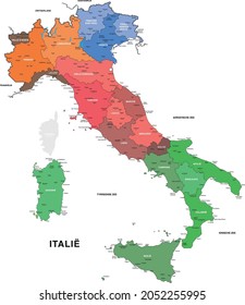 Geographic map of Italy with regions, cities and capitals. Dutch version. Adobe illustrator vector line illustration. Regions are individually editable.