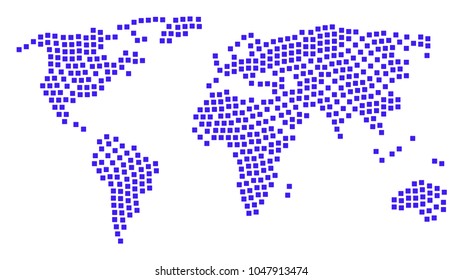 Geographic map mosaic combined of filled square icons. Vector filled square elements are combined into geometric earth map.
