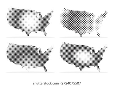 Geographic map outlines four distinct halftone gradient effects different dot sizes creating retro style shading digital vector illustration collection political cartography element detailed design shapes.