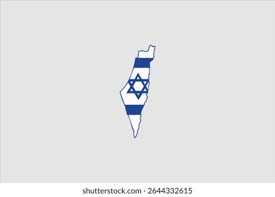 The geographic map silhouette of Israel filled with the national flag design and a thin outline.