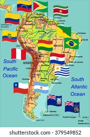 Geographic map of South America with flags of states. Highly detailed vector illustration. Flags, names of countries, cities and rivers are on the isolated layers.