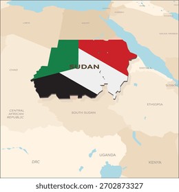 A geographic map of Sudan and surrounding countries, with a map of Sudan in the colors of the Sudanese flag.