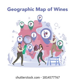 Geographic map of wine. Sommelier with a bottle of grape wine and glass full of alcohol drink. Grape wine in a wood barrel, wine storage. Isolated vector illustration