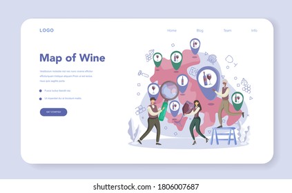Geographic map of wine web banner or landing page. Sommelier with a bottle of grape wine and glass full of alcohol drink. Grape wine in a wood barrel, wine storage. Isolated vector illustration