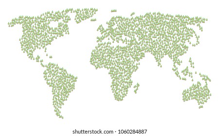 Geographic mosaic map organized of seed sprout design elements. Vector seed sprout scatter flat elements are united into conceptual global world atlas.