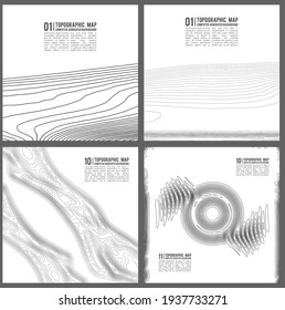 Geografische Bergtopographie, Vektorgrafik. Topographische Muster Textur. Karte auf Land, Vektorgelände. Höhenlinien für Höhenkonturen mit Höhenunterschieden in Höhenlagen. Vektorset.
