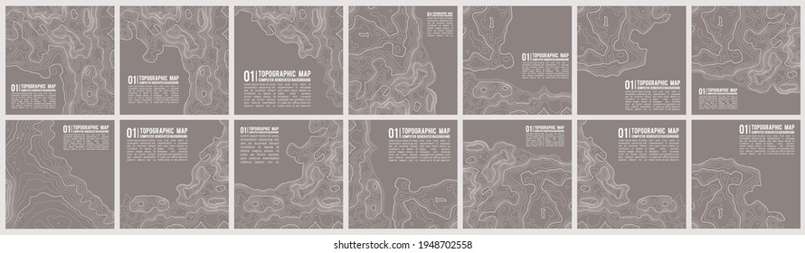 Geographic Mountain Topography Vector Illustration. Topographic Pattern Texture. Map On Land Vector Terrain. Elevation Graphic Contour Height Lines. Vector Set.