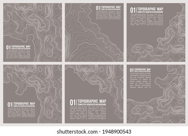 Geografische Bergtopographie, Vektorgrafik. Topographische Muster Textur. Karte auf Land, Vektorgelände. Höhenlinien für Höhenkonturen mit Höhenunterschieden in Höhenlagen. Vektorset.