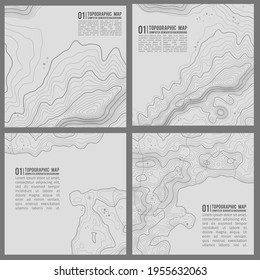 Ilustración del vector de topografía geográfica de montaña. Textura de patrón topográfico. Mapa sobre el terreno vectorial. Líneas de altura del contorno gráfico de elevación. Conjunto de vectores.