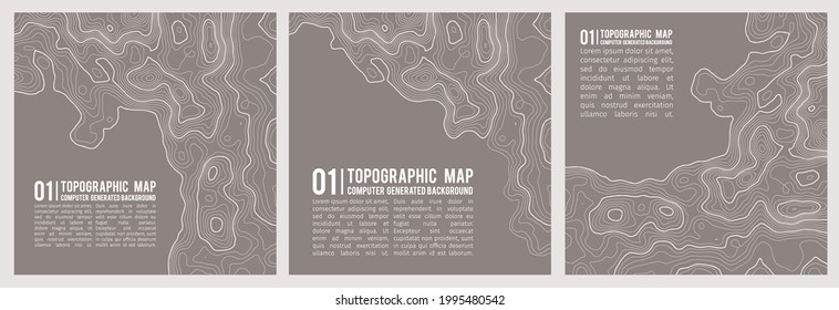 Ilustración del vector de topografía geográfica de montaña. Textura de patrón topográfico. Mapa sobre el terreno vectorial. Líneas de altura del contorno gráfico de elevación. Conjunto de vectores.