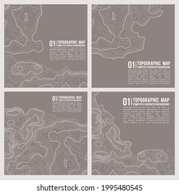 Geographic mountain topography vector illustration. Topographic pattern texture. Map on land vector terrain. Elevation graphic contour height lines. Vector Set.