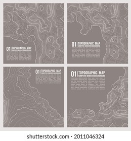 Ilustración del vector de topografía geográfica de montaña. Textura de patrón topográfico. Mapa sobre el terreno vectorial. Líneas de altura del contorno gráfico de elevación. Conjunto de vectores.