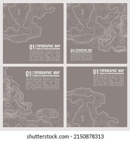 Geographic Mountain Topography Vector Illustration. Topographic Pattern Texture. Map On Land Vector Terrain. Elevation Graphic Contour Height Lines. Vector Set.