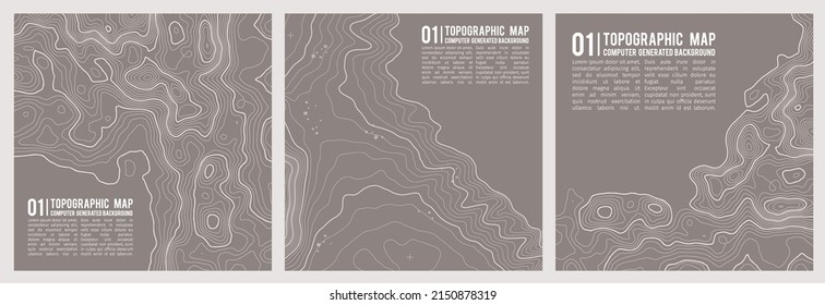 Geographic Mountain Topography Vector Illustration. Topographic Pattern Texture. Map On Land Vector Terrain. Elevation Graphic Contour Height Lines. Vector Set.