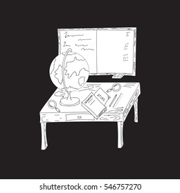 Geographic office. Retro interior. Globe on the table. Freehand sketch. White illustration on a black background.