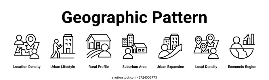 Concepto de Ilustración vectorial de icono de Anuncio de Web de patrón geográfico para negocios con icono de densidad de Locación, estilo de vida Urbana, Perfil rural, área suburbana, expansión Urbana, densidad local.