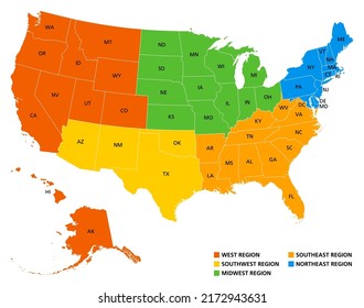 Geographic regions of the United States, political map. Five regions, according to their geographic position on the continent. Common but unofficial way of referring to regions of the United States.