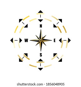 Geografischer wissenschaftlicher Kompass, Vektorsymbol. Der Kompass-Wind hat eine Ikone im flachen Stil. Kompass Vektorsymbol in goldener Farbe. Vektorgrafik. Symbol einzeln.
