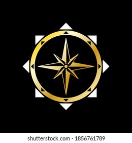 Geographic scientific compass vector icon. Compass wind rose icon in flat style. Compass vector icon in gold color. Gold compas on black background. Vector illustration. Icon isolated.